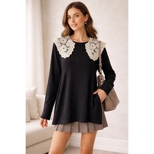 MISSOOK WOMAN XL Black Long Sleeve V-Neck Crochet Lace Collar Top Tunic Academia